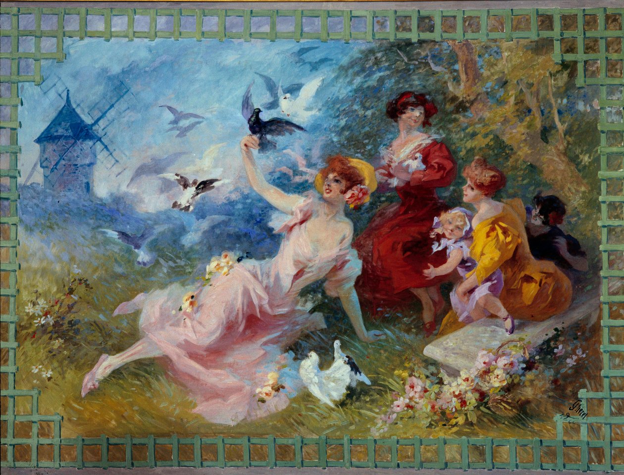 Allegorie-ilma edustaa nuoria naisia ja lintuja. Jules Cheretin (1836-1932) kuvakudoslaatikko 1900-luvun Nizza, Musee Cheret tekijältä Jules Cheret