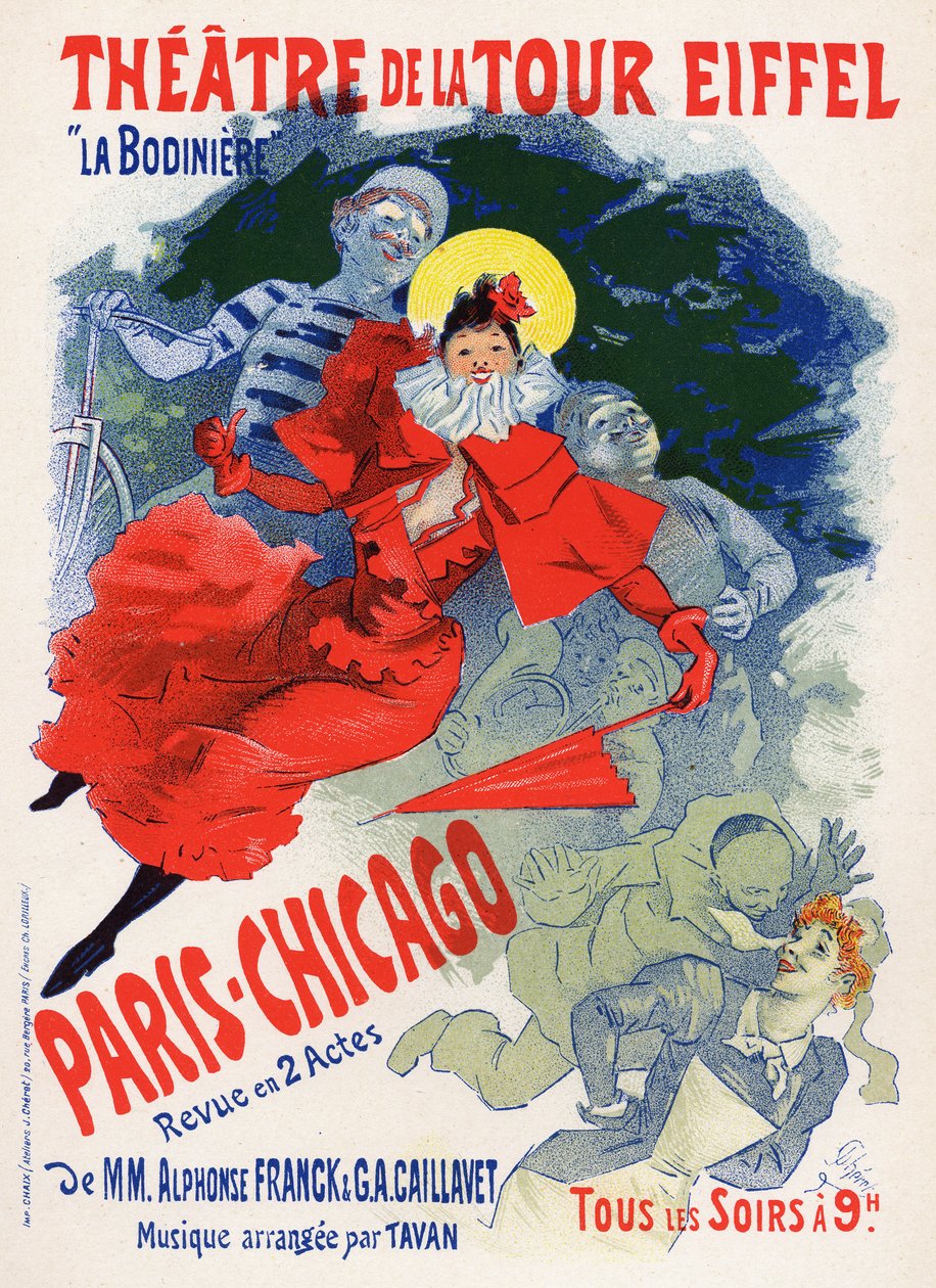 Taide. Viihde. Paris Chicago, varietee Theatre de la Tour Eiffelissä. Jules Cheret, Ranska, n. 1890 (juliste) tekijältä Jules Cheret