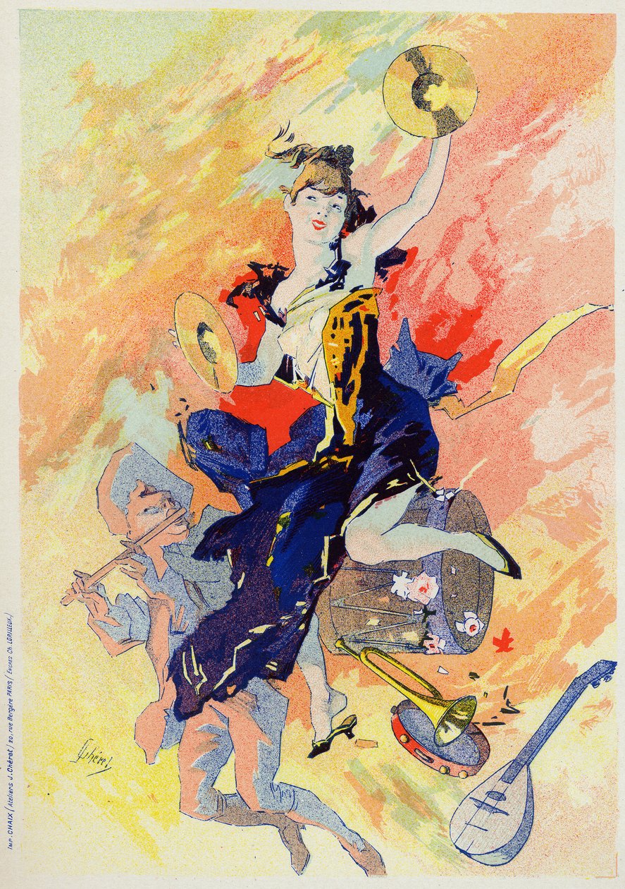 Taide. Viihde. Musiikki. Allegoria Jules Cheret, Ranska, n. 1890 (juliste) tekijältä Jules Cheret