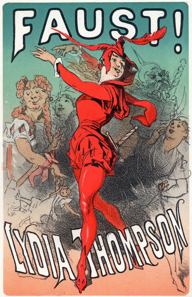 Taide. Viihde. Mephistona tanssija Lydia Thompson. Jules Cheretin juliste näytelmään "Faust", Englanti, n. 1860-70 (juliste) tekijältä Jules Cheret