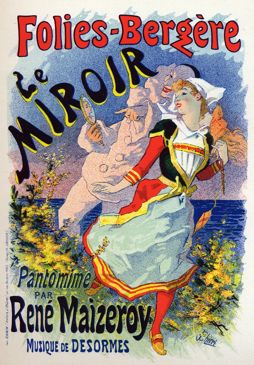 Art. Viihde. Peili, pantomiimiesitys kabareessa Les Folies Bergeres, Pariisi. Jules Cheret