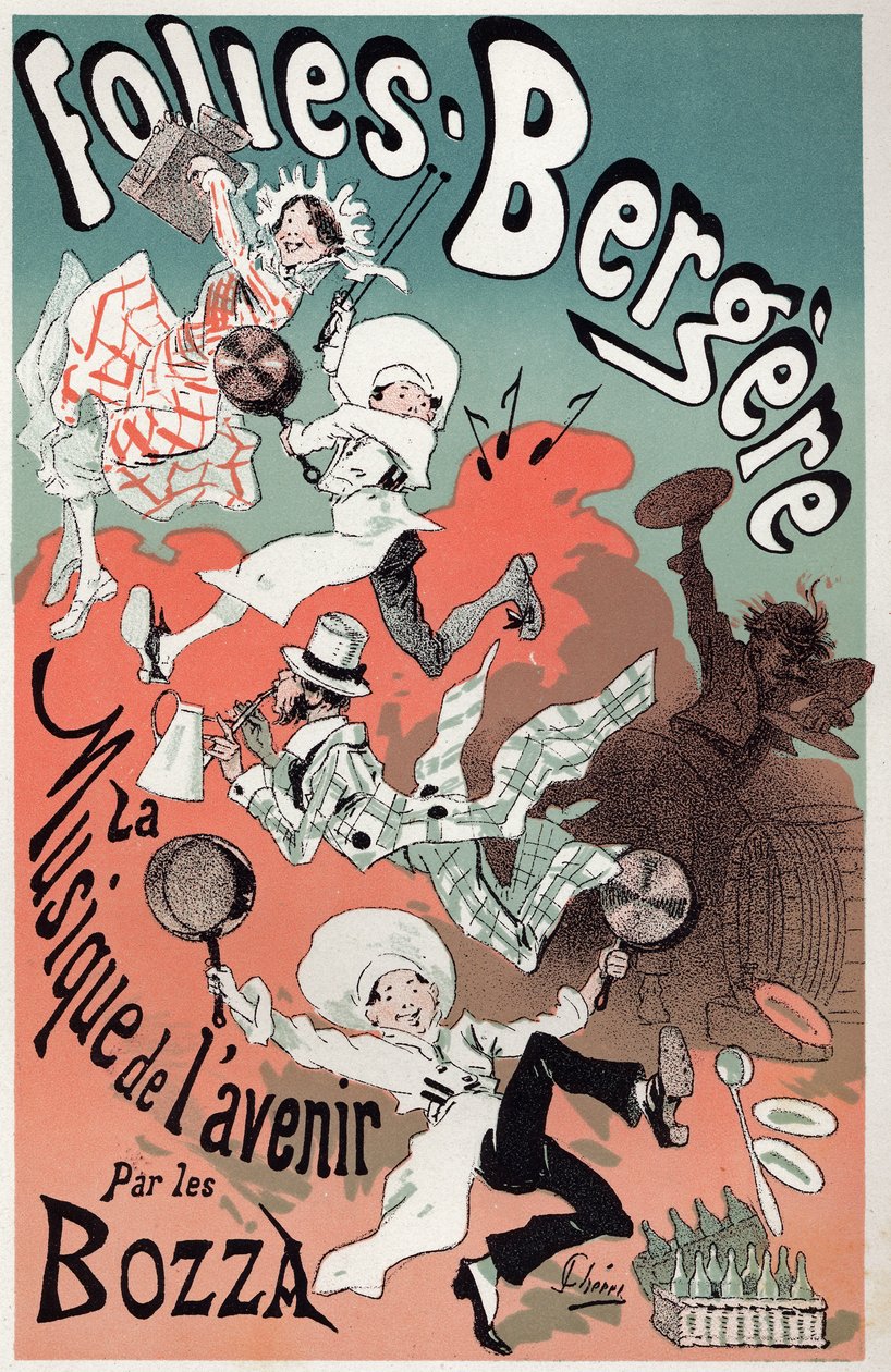 Taide. Viihde. Bozzan tulevaisuuden musiikkia. Jules Cheretin juliste näyttelystä Folies Bergeresissä, Pariisissa, n. 1880 (juliste) tekijältä Jules Cheret