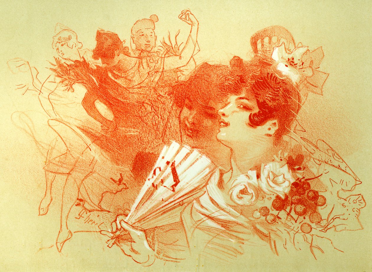 Juhlissa - Jules Cheretin (1836 - 1932) piirustus (sangviini) - nuoret naiset ja tanssijat - tanssi - yksityinen kokoelma - tekijältä Jules Cheret