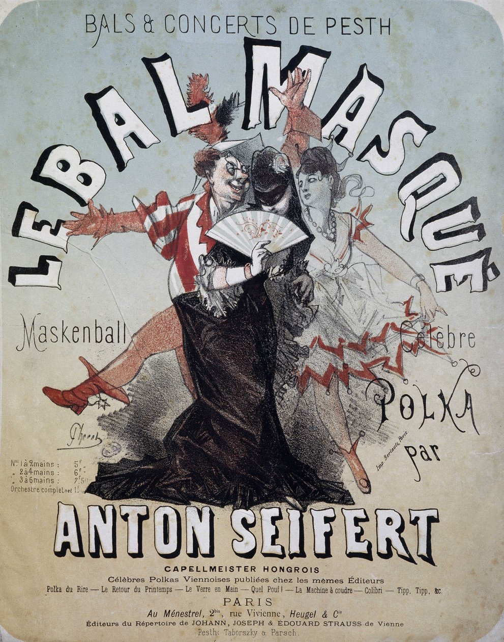 Pesthin juhla ja konsertti: naamiopallo (Maskenball, kuuluisa Anton Seifertin polka) - juliste Jules Cheret, n.d. tekijältä Jules Cheret