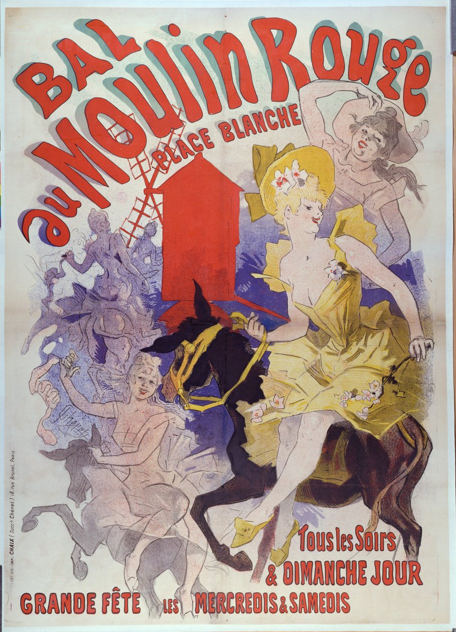 "Ball at the Moulin Rouge, Place Blanche", 1889 (värilitografia) tekijältä Jules Cheret