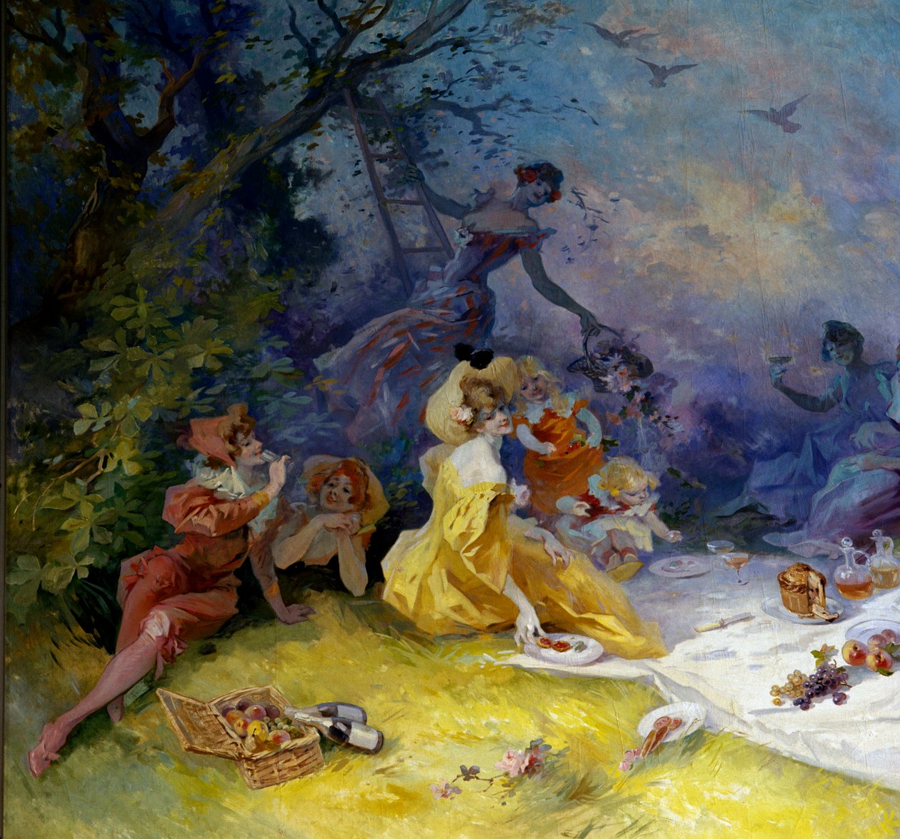 Aamiainen nurmikolla Maaseutupiknikin kohtaus. Yksityiskohta. Jules Cheretin (1836-1932) maalaus 1900-luvulta Nizza, Musee Cheret tekijältä Jules Cheret
