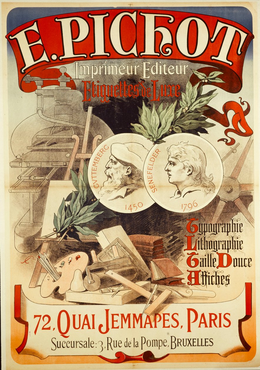 E.PICHOT/Drucker Herausgeber/ Luxus-Etiketten/ Typografie/ Lithografie/ Tiefdruck/ Plakate/ 72,QUAI JEMMAPES,PARIS tekijältä Jules Cheret