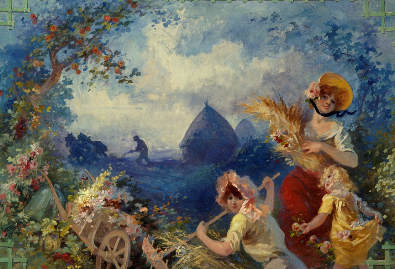 La Terre Allegorie edustaa nuoria naisia, joilla on vehnäsaappaat sadonkorjuun taustalla. Jules Cheretin (1836-1932) kuvakudoslaatikko 1900-luvun Nizza, Musee Cheret tekijältä Jules Cheret