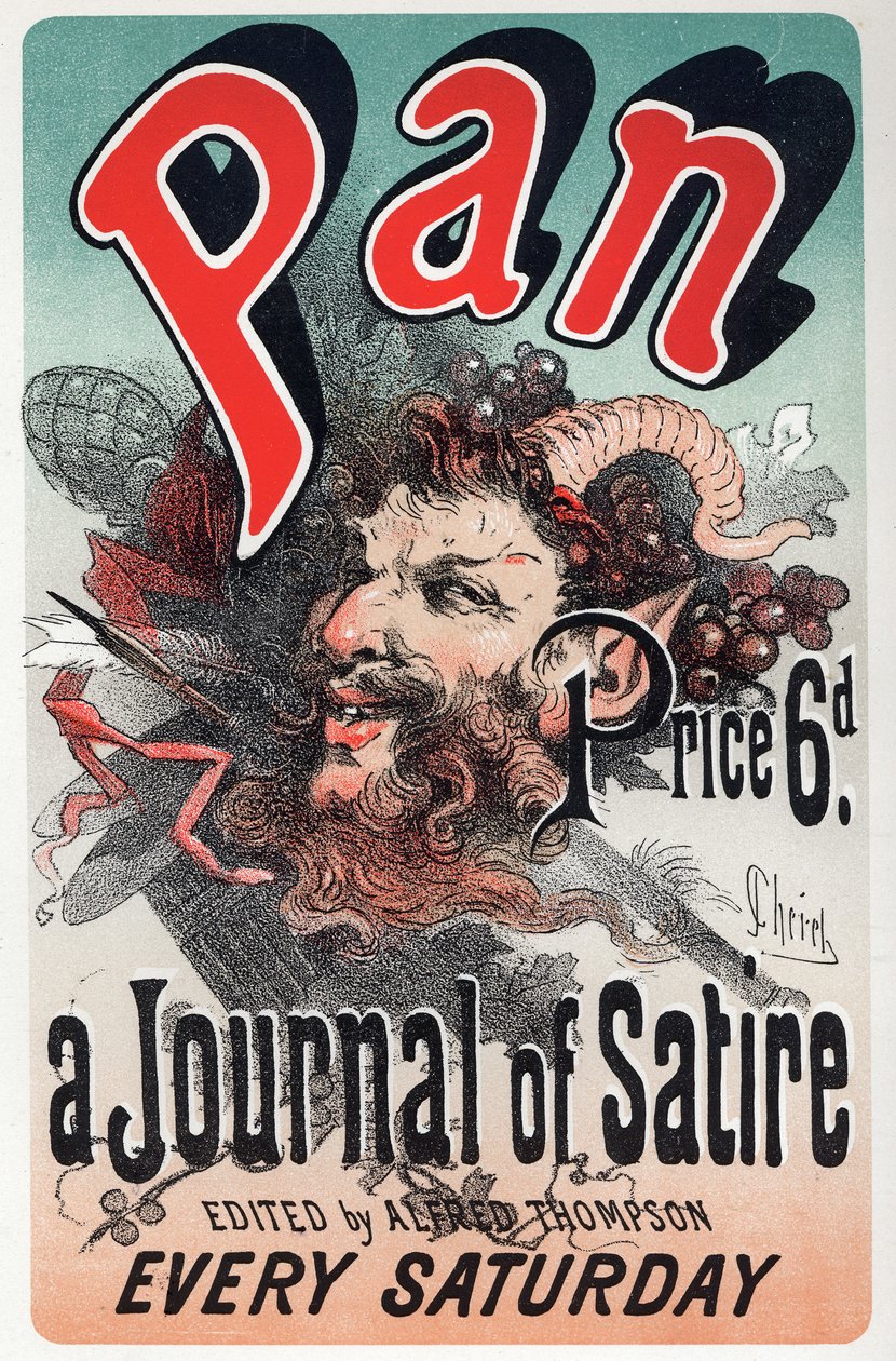 Kirjallisuus. Pan, satiirinen sanomalehti. Jules Cheret, Englanti, n. 1880 (juliste) tekijältä Jules Cheret