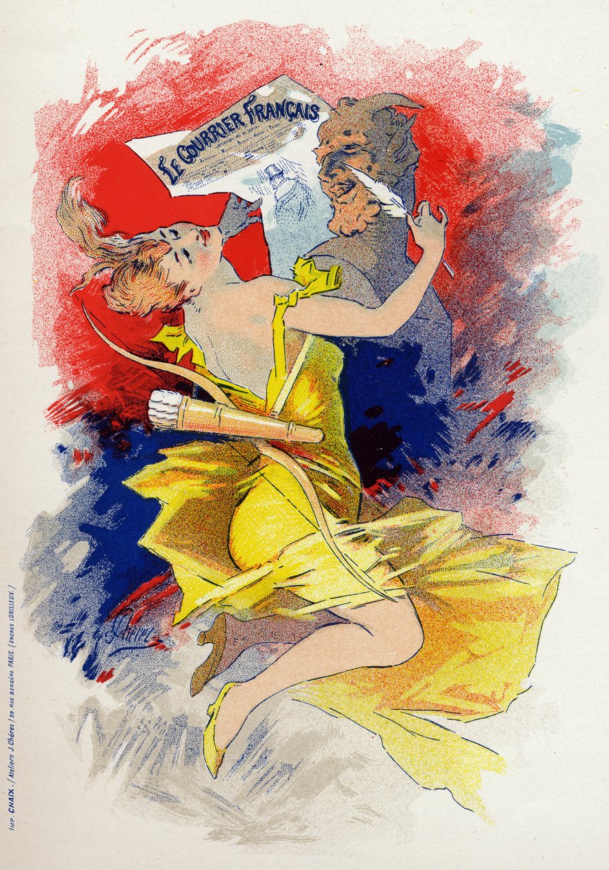 Kirjallisuus. Sanomalehti Le Courrier Francais. Allegoria Jules Cheret, Ranska, n. 1890 (juliste) tekijältä Jules Cheret