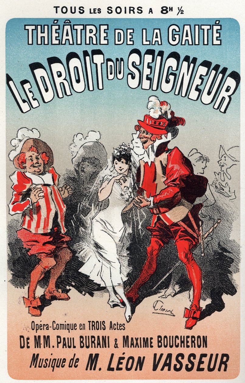 Musiikki. Herran sääntö, Leon Vasseurin operetti. Jules Cheretin juliste ensimmäiseen esitykseen Theater de la Gaitessa, Pariisissa, Ranskassa tekijältä Jules Cheret
