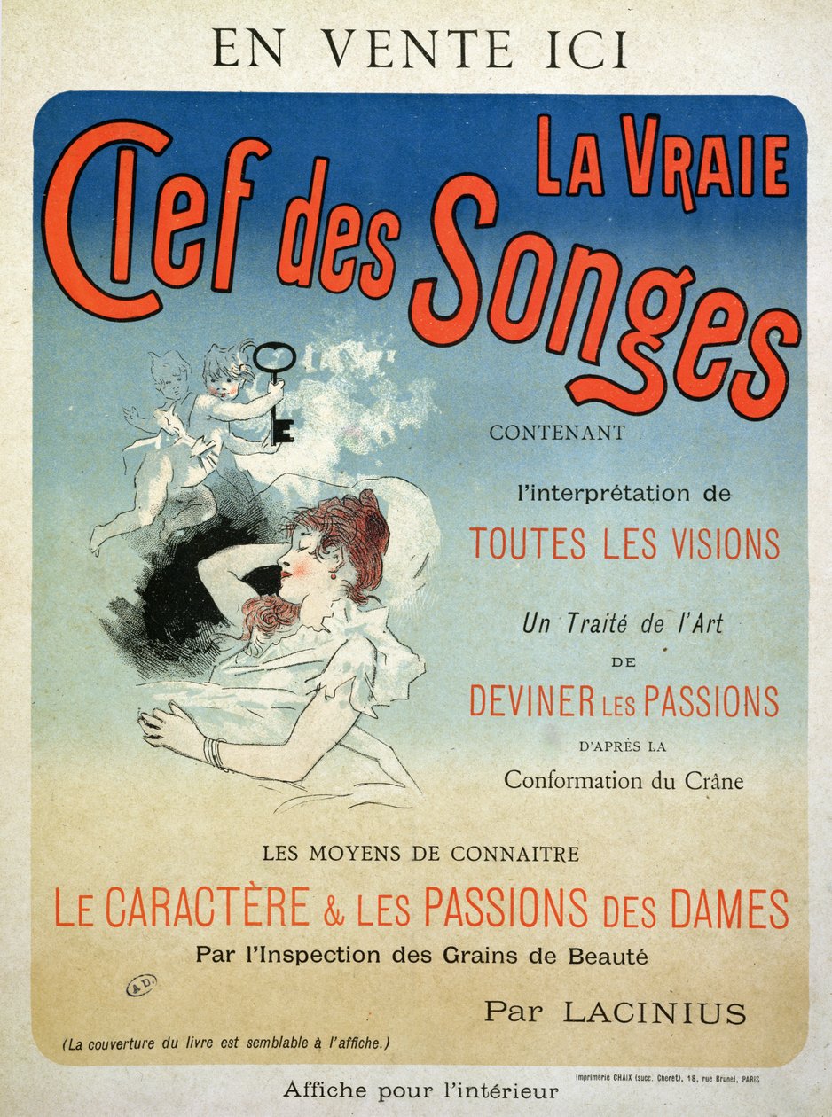 Juliste, joka mainostaa Laciniusin kirjaa "La Vraie Clef des Songes", 1892 tekijältä Jules Cheret