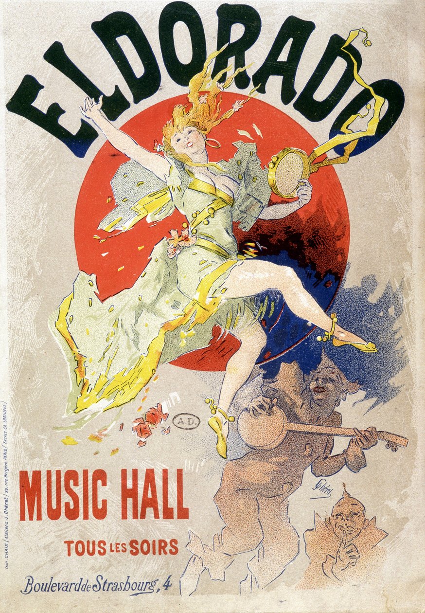 Musiikkihallin juliste joka ilta Eldorado-teatterissa, Boulevard de Strasbourgissa Pariisissa. Noin 1900 (litografia) tekijältä Jules Cheret