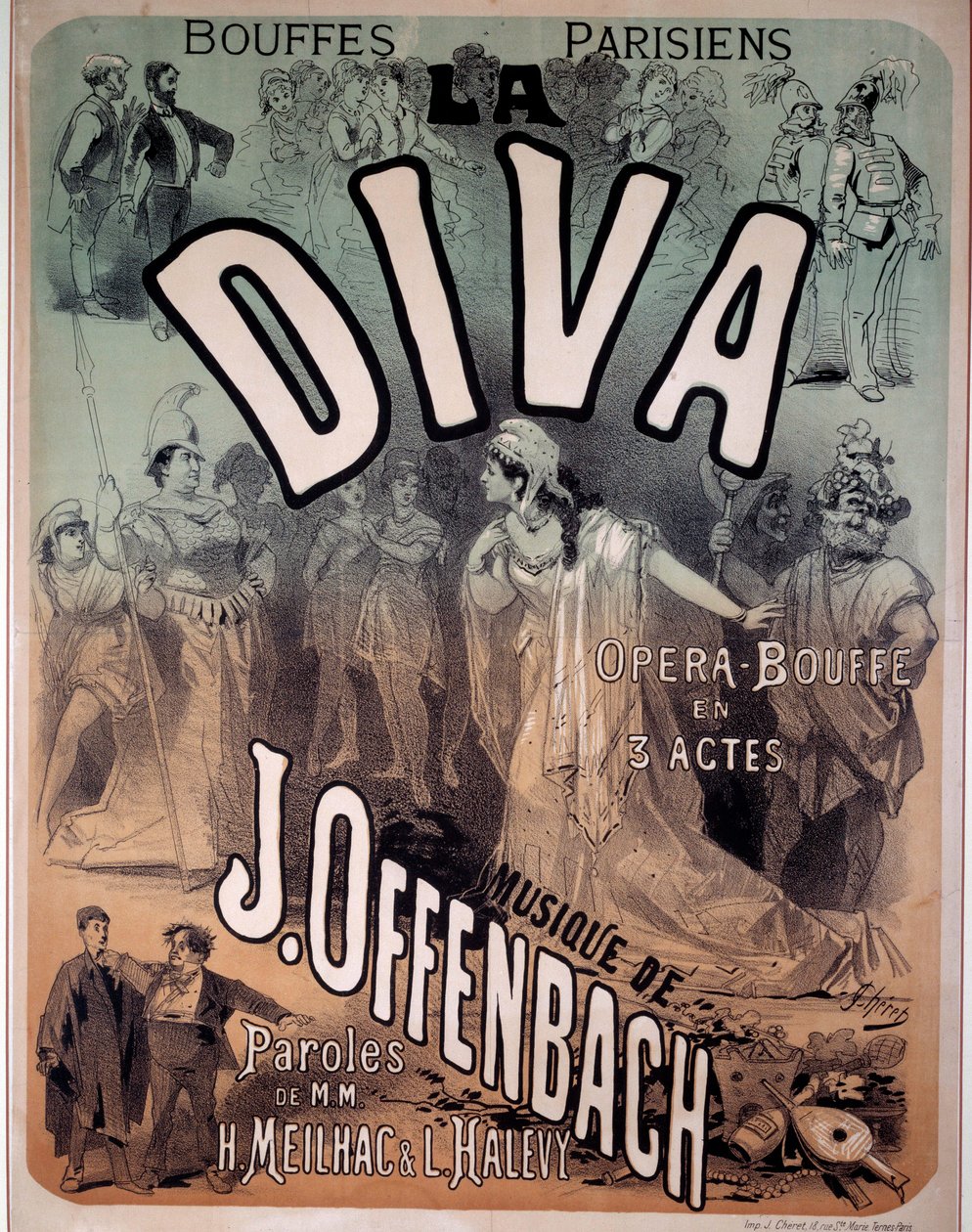 Juliste Jacques Offenbachin (1819-1880) säveltämälle operetille "Diva" Pariisin Bouffesissa tekijältä Jules Cheret