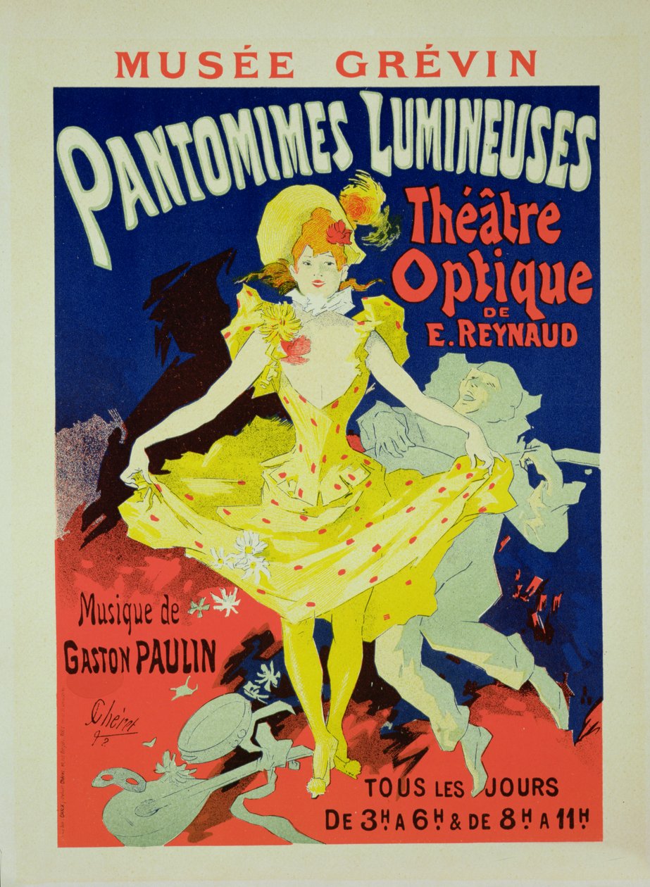 Jäljennös julistemainoksesta "Pantomimes Lumineuses" Musee Grevinissä, 1892 tekijältä Jules Cheret