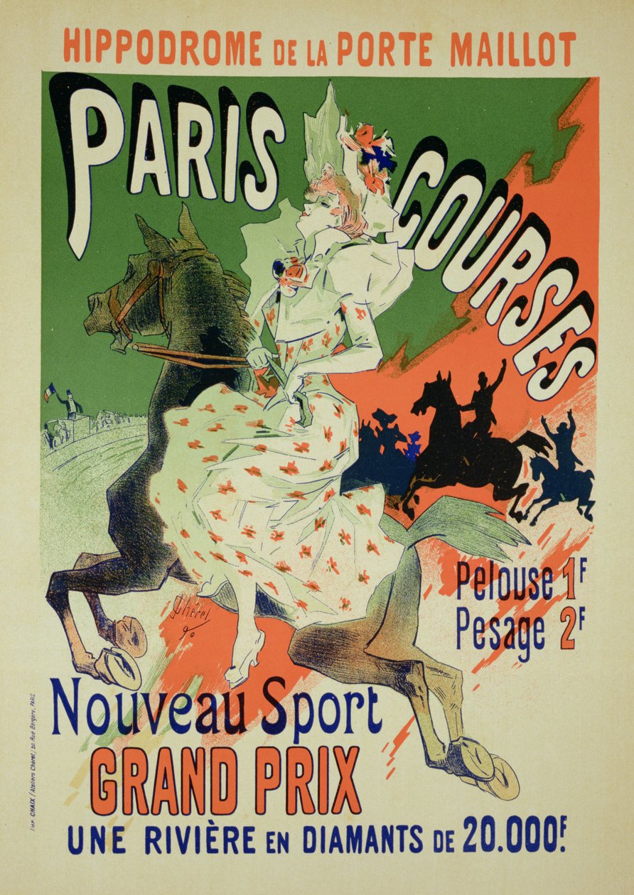 Jäljennös julisteesta, joka mainostaa "Pariisin kursseja" Hippodrome de la Porte Maillotissa, Pariisissa, 1890 tekijältä Jules Cheret