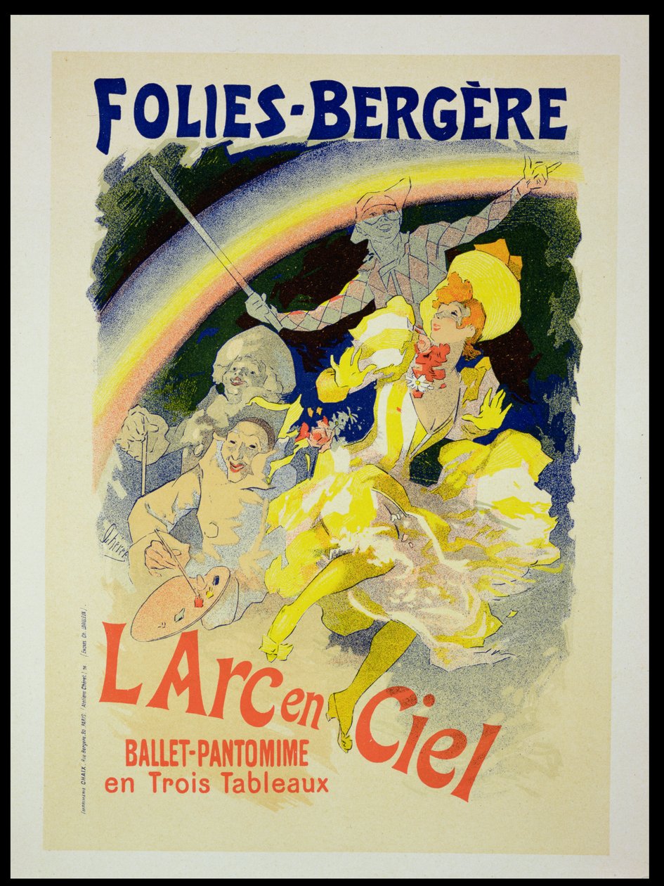 Jäljennös julisteesta, joka mainostaa Folies-Bergeren esittämää balettipantomiimia "The Rainbow", 1893 tekijältä Jules Cheret