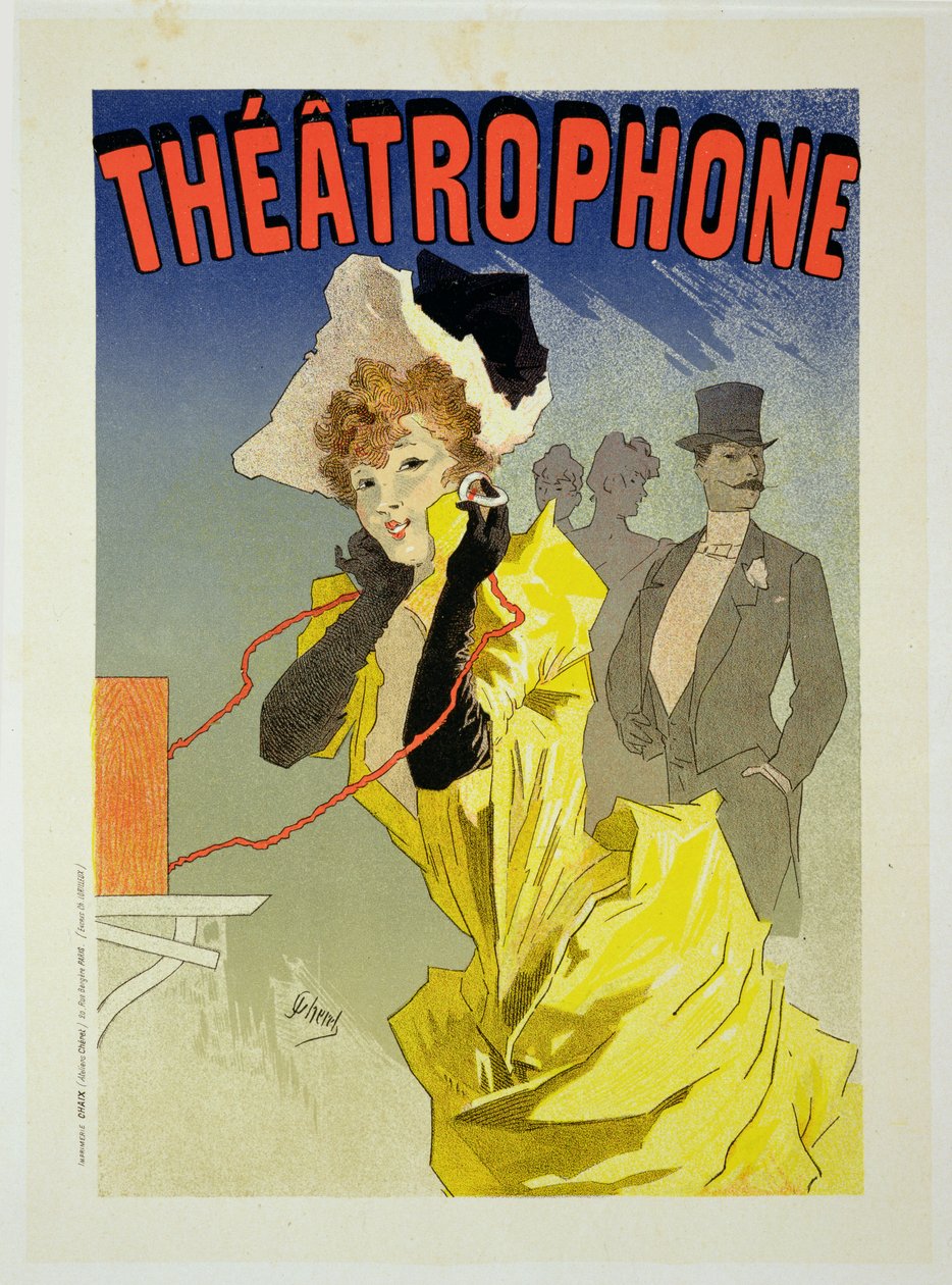Jäljennös julisteesta, jossa mainostetaan "Theatrofone", 1890 (katso 41410) tekijältä Jules Cheret