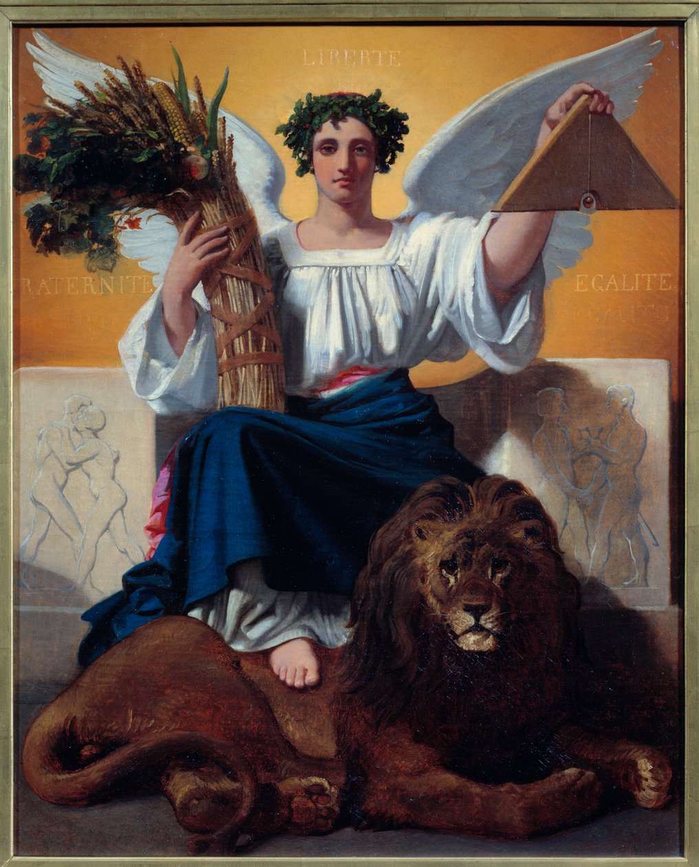 Tasavalta. Tasavaltaa edustava allegoria enkelinaisena, jolla on vapauden kruunusymboli, pitelee palkkia, veljeyden symbolia, ja deltaa, tasa-arvon symbolia jaloissa leijonan päällä, vallan symbolina. Motto "Liberte, Egalite, Fraternity". Kipu tekijältä Jules Claude Ziegler