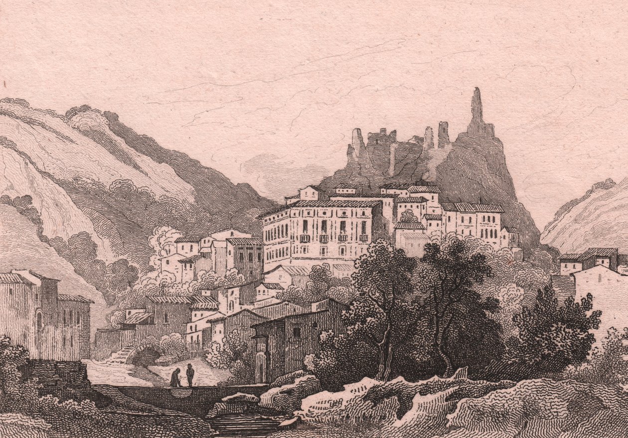 Näkymä Nicastrosta, Calabria, Italia, Dunaimen teräskaiverrus Jules Coignet (1798-1860) piirtämänä, n. 13x10 cm tekijältä Jules Coignet