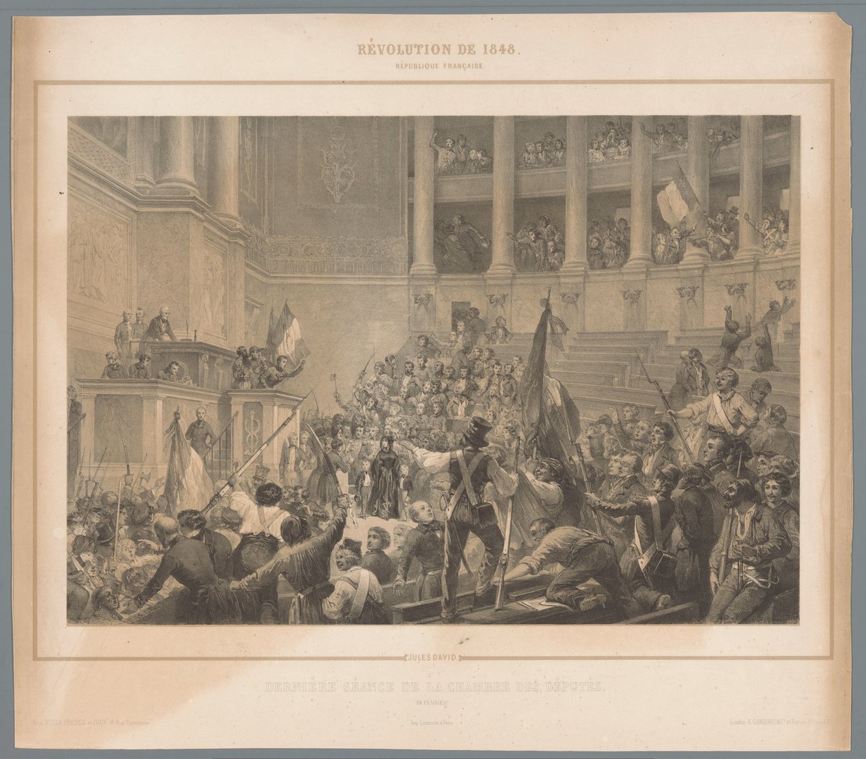 Pariisin kapinalliset hajottavat edustajainhuoneen kokouksen Dernière séance de la chambre des députés (otsikko esineessä) Kohtauksia vuoden 1848 helmikuun vallankumouksesta (sarjan nimi) Revolution de 1848 (sarjan nimi esineellä) tekijältä Jules  David