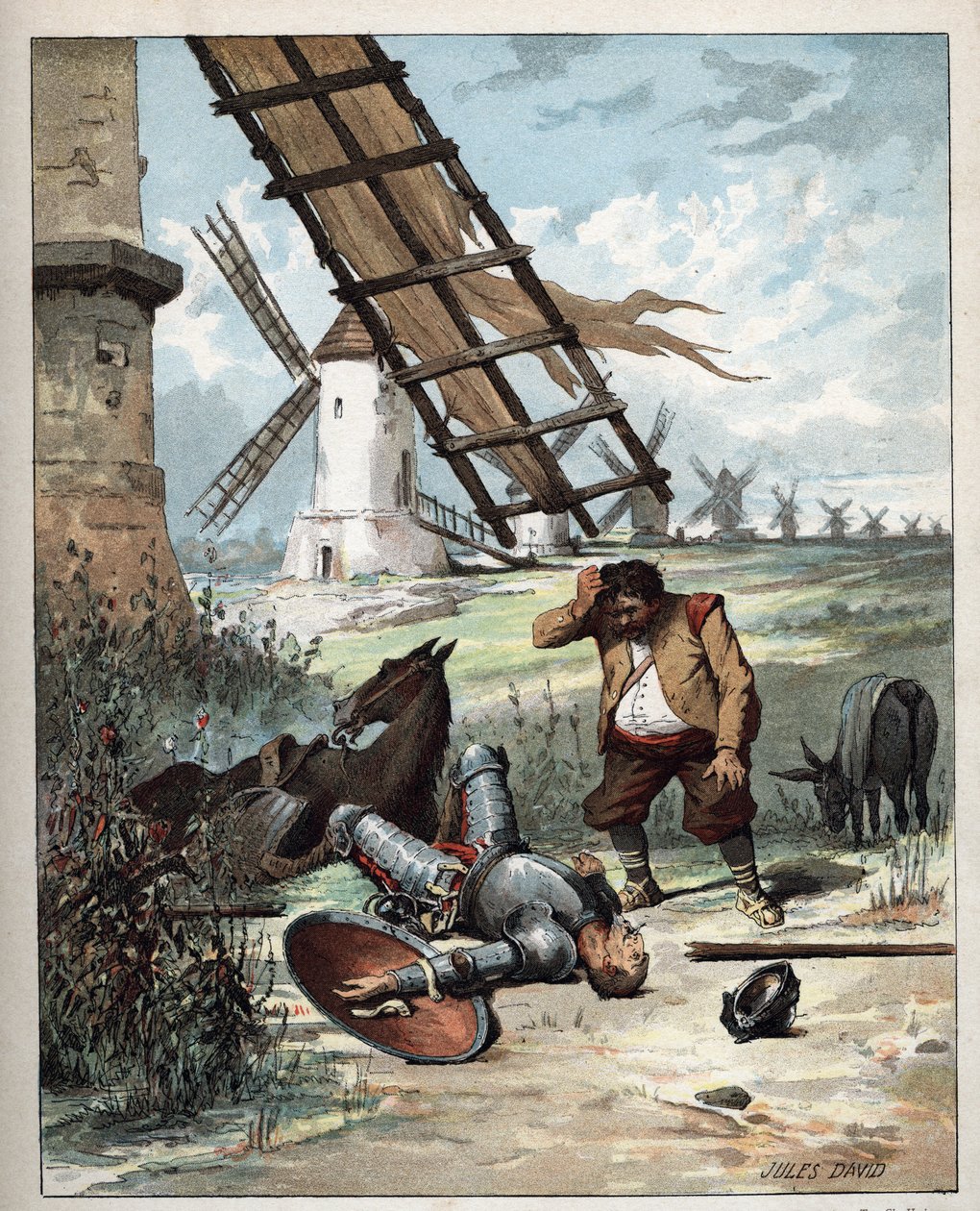 Don Quijote ja tuulimyllyt - Kuvitus Jules Davidista (1808-1892) Don Quijoten historiasta (Don Quijote) - 1887 - Miguel de Cervantes Saavedra (1547-1616) - tekijältä Jules David