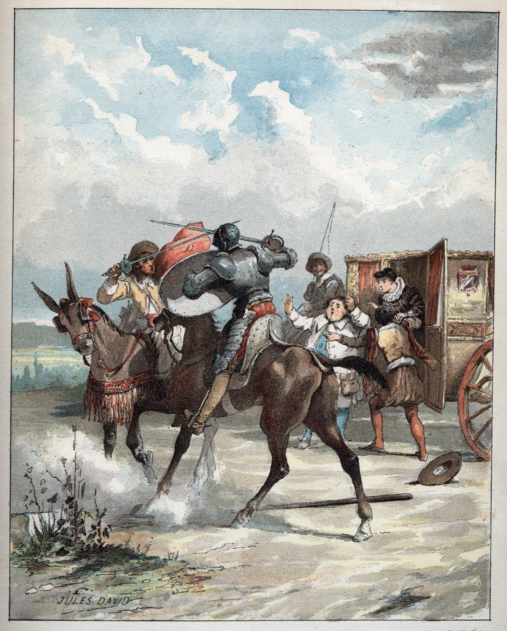 Don Quijote hyökkäämässä vihollisensa kimppuun - Don Quijote hevosensa selässä hyökkää vihollisensa kimppuun - Kuva Jules Davidista (1808-1892) Don Quijoten historiasta (Don Quijote) - 1887 - Miguel de Cervantes Saavedra (1547-1616) - tekijältä Jules David