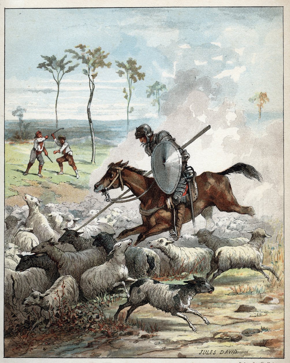Don Quijote tappaa lampaita, jotka luulivat olevansa ritareita - Don Quijote hevosessaan lävistää ritariksi pitämänsä lampaat - Kuva Jules Davidista (1808-1892) Don Quijoten historiasta (Don Quijote) - 1887 - Miguel de Cervantes Saavedra (1547) -1616) tekijältä Jules David