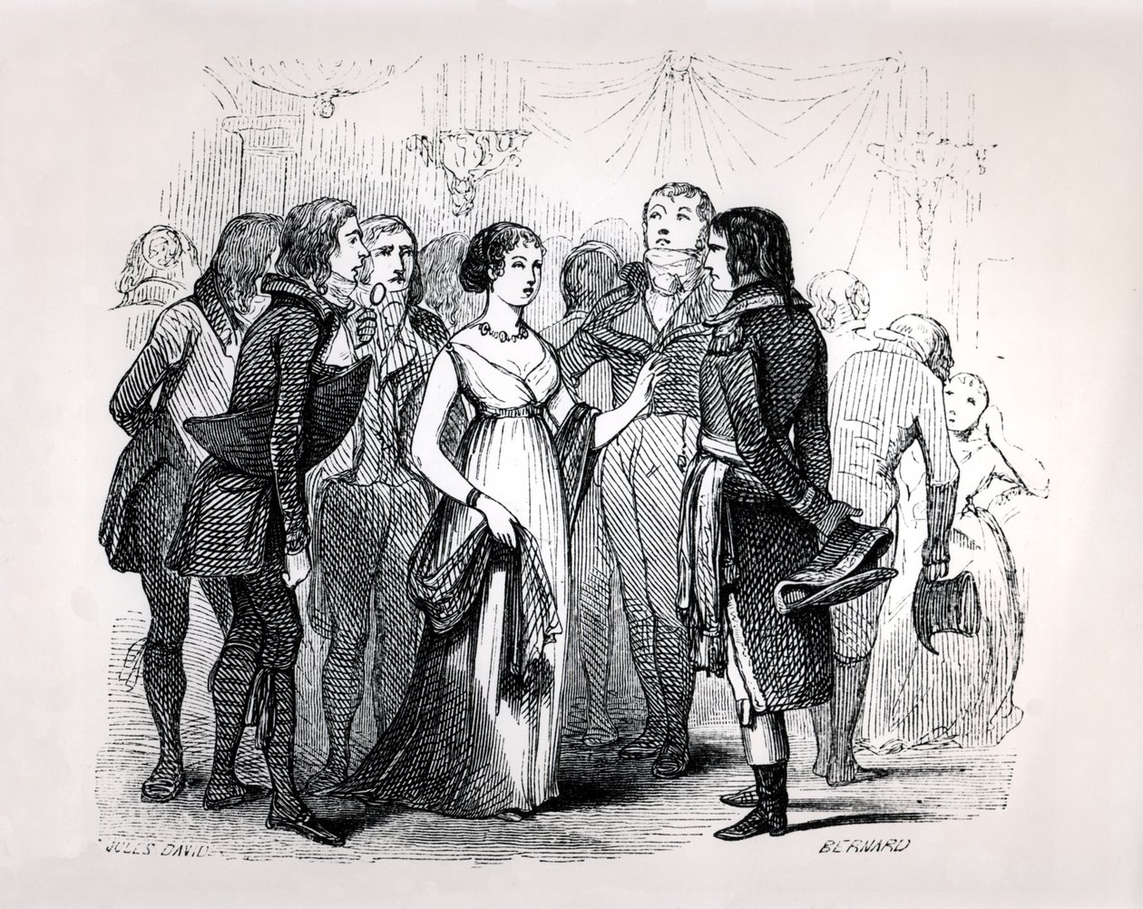 Madame de Stael (1766-1817) kyselee Napoleon Bonapartea (1769-1821) parhaista naisista Emile Marco de Saint-Hilairen "Napoleonista", Bernardin kaivertama Pariisi, 1843 tekijältä Jules David