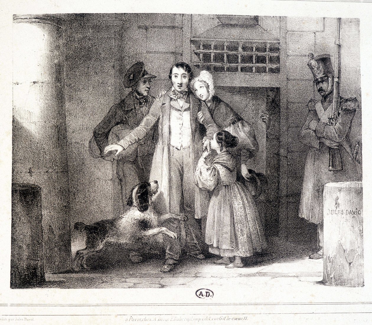 Mies lähtee vankilasta ja yhdistyi perheensä kanssa, n. 1830. tekijältä Jules David