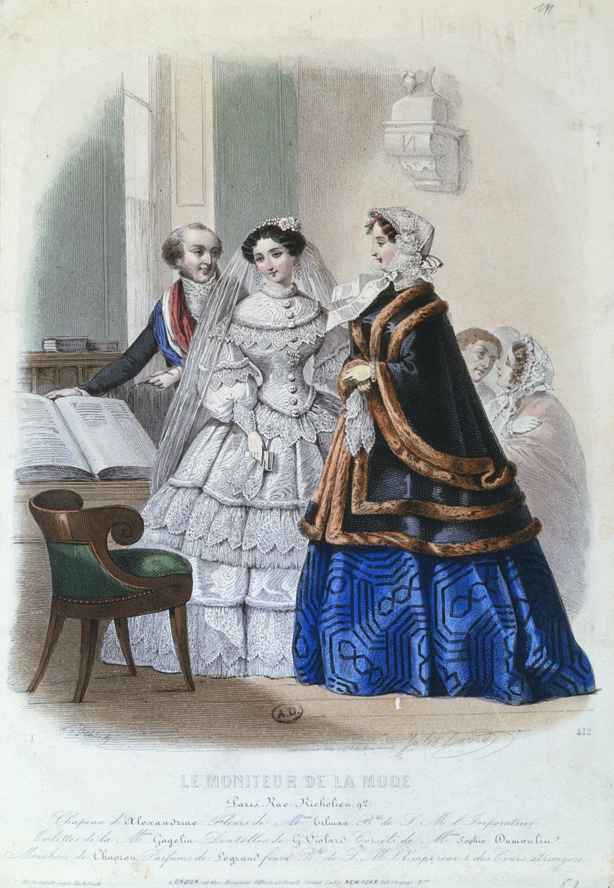 Hääpuku, muotilevy Le Moniteur de la Modelta, 1854 tekijältä Jules David