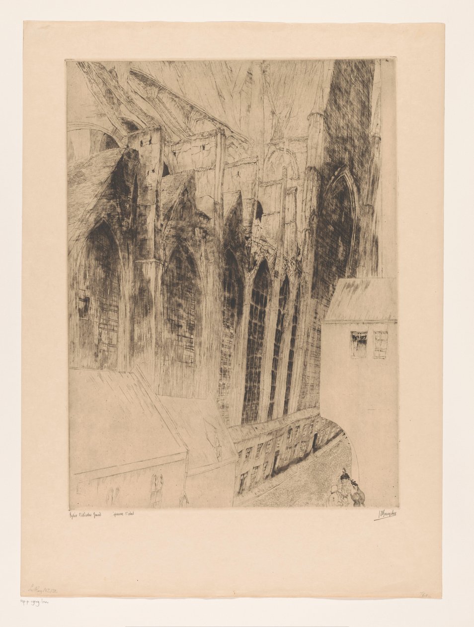 Näkymä Gentin Sint-Niklaaskerkin sivujulkisivulle Eglise St Nicolas Gand (otsikko esineessä) Rue du Chapeau Rouge a Gand tekijältä Jules De Bruycker (signed by artist)