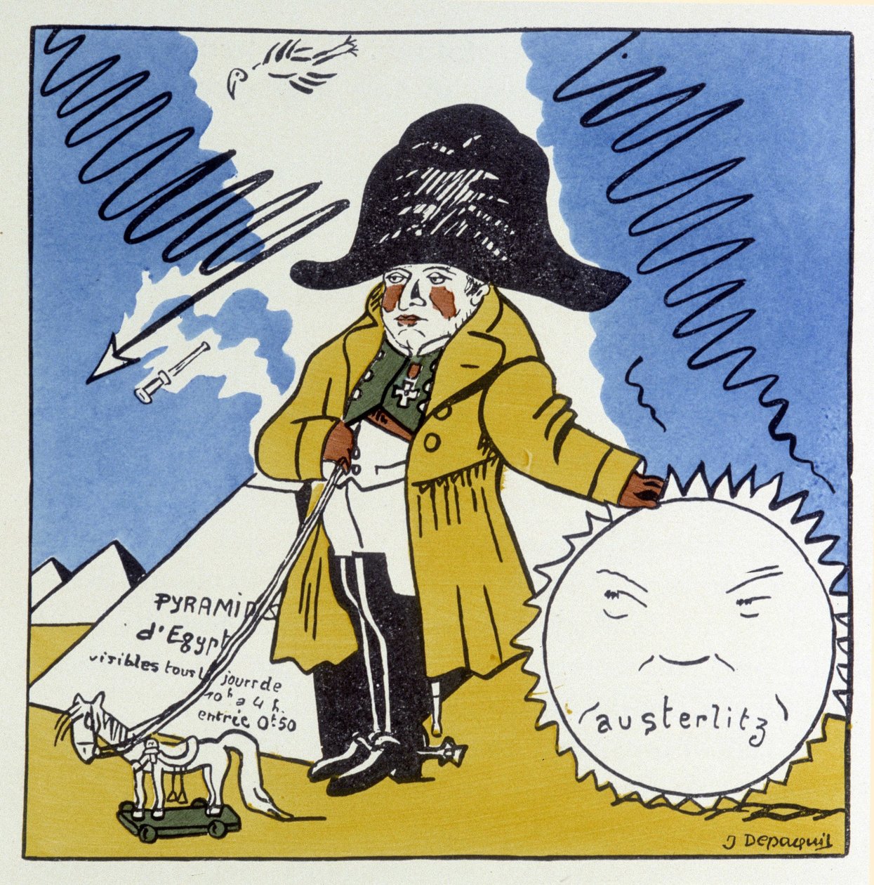 Austerlitz, Jena, Wagram: Karikatyyri Napoleonista 1 - Jules Depaquitin "" Histoire de France" -kirjassa, ill. itse, toim. Jonquieres, Pariisi tekijältä Jules Depaquit