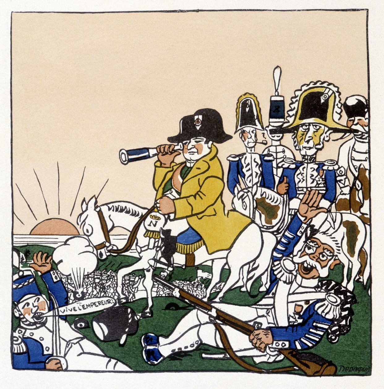 Napoleon Austerlitzin taistelussa (1805) - Jules Depaquitin "Histoire de France" -kirjassa, ill. itse, toim. jonquières, Pariisi tekijältä Jules Depaquit
