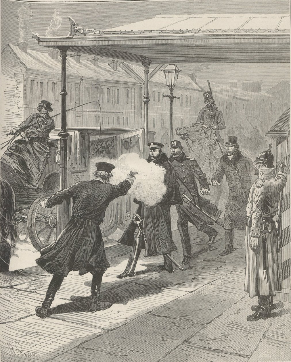 Kreivi Mihail Loris-Melikovin salamurha. Le Monde Illustré, 1880. tekijältä Jules Descartes Férat