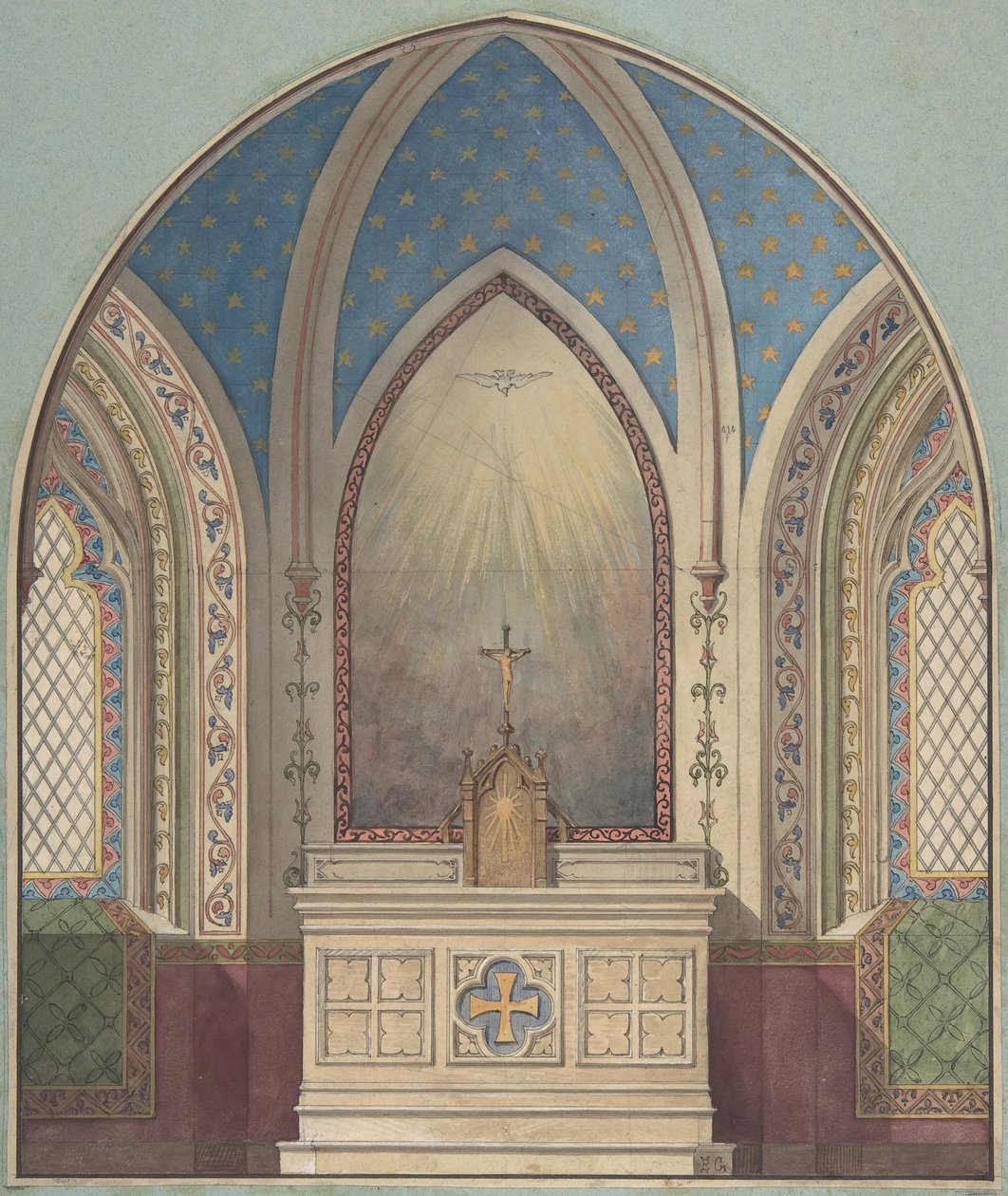 Suunnittelu alttarille, Saint Clotilde, 1800-luvun toinen puoli. Tekijät: Jules-Edmond-Charles Lachaise, Eugène-Pierre Gourdet. tekijältä Jules Edmond Charles Lachaise and Eugène Pierre Gourdet
