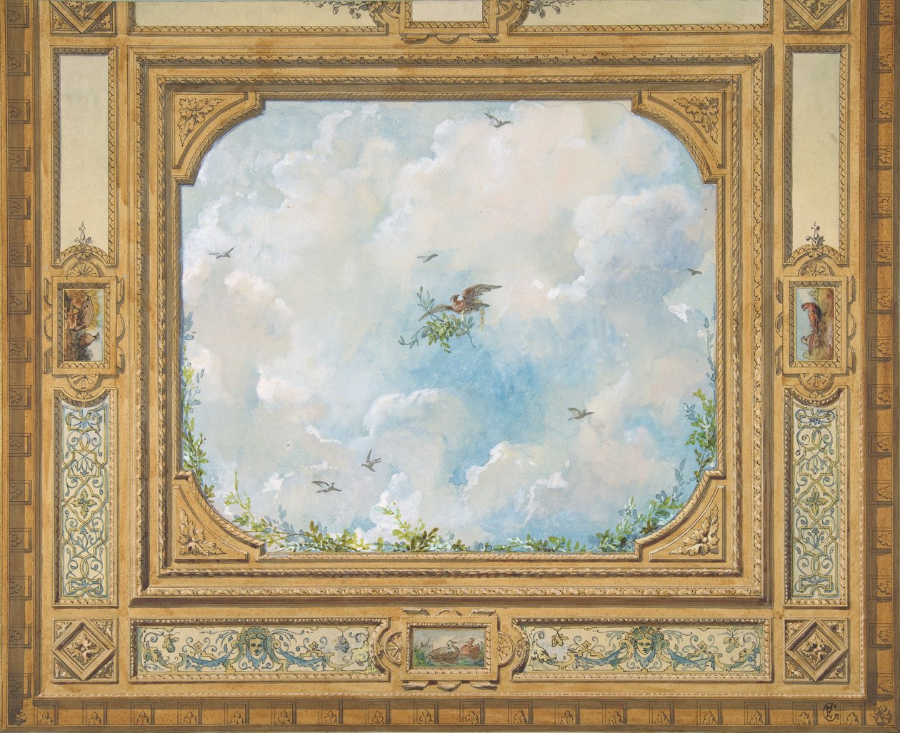 Suunnittelu pilvien ja lintujen koristeluun kattoon, 1830-97. Tekijät: Jules-Edmond-Charles Lachaise, Eugène-Pierre Gourdet. tekijältä Jules Edmond Charles Lachaise and Eugène Pierre Gourdet