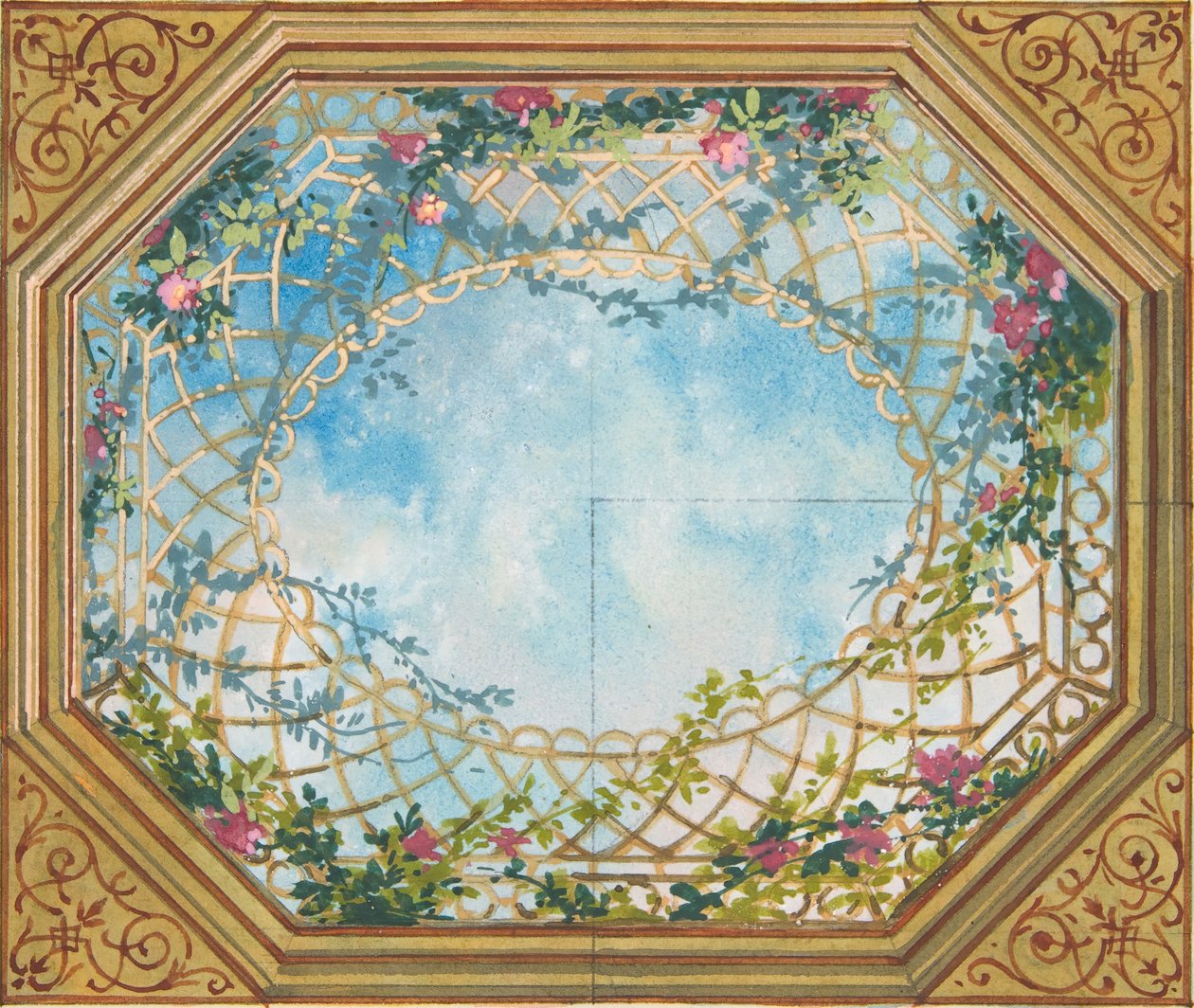 Suunnittelu pilvillä, säleikköillä ja ruusuilla maalattuun kattoon, 1800-luvun toinen puoli. Tekijät: Jules-Edmond-Charles Lachaise, Eugène-Pierre Gourdet. tekijältä Jules Edmond Charles Lachaise and Eugène Pierre Gourdet