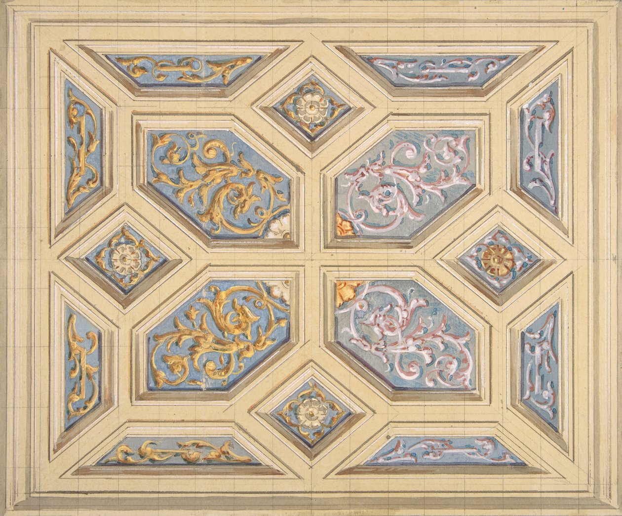 Suunnittelu rinceaux-koristeluun kasettikattoon, 1840-97. Tekijät: Jules-Edmond-Charles Lachaise, Eugène-Pierre Gourdet. tekijältä Jules Edmond Charles Lachaise and Eugène Pierre Gourdet