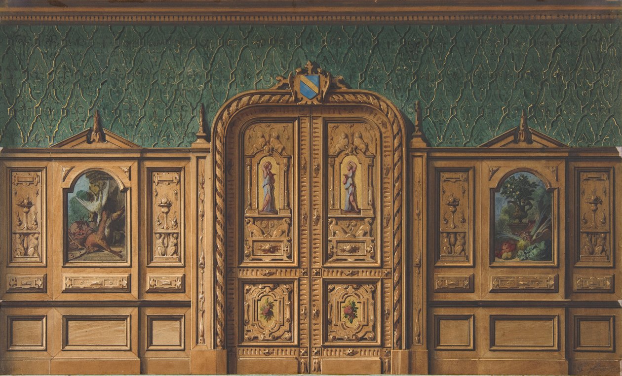 Suunnittelu huoneeseen, jossa on maalauksia upotetut puupaneelit ja vahvasti veistetty pariovi, 1830-97. Tekijät: Jules-Edmond-Charles Lachaise, Eugène-Pierre Gourdet. tekijältä Jules Edmond Charles Lachaise and Eugène Pierre Gourdet