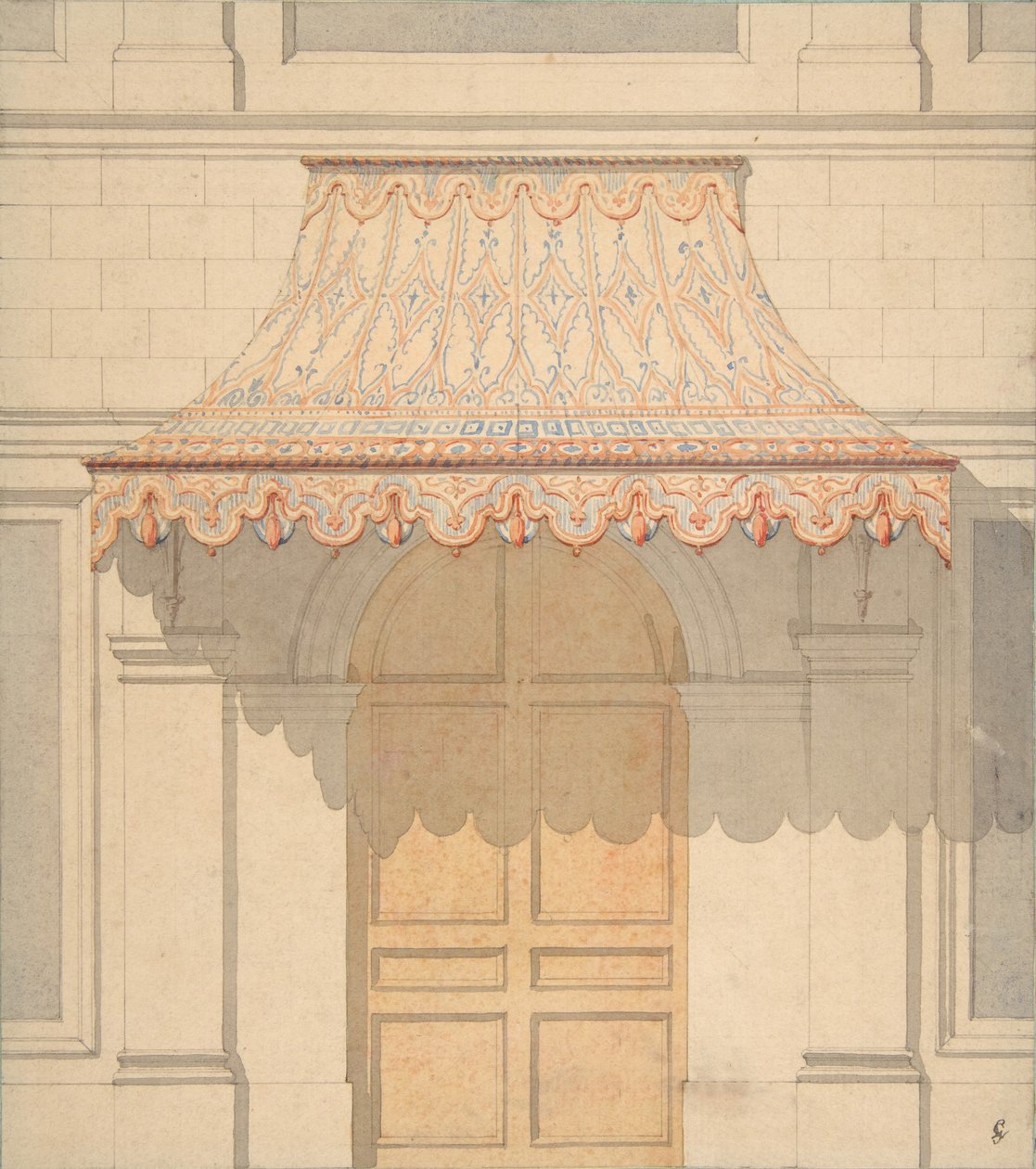 Suunnittelu markiisille oven päälle, maurilaiseen tyyliin, 1830-97. Tekijät: Jules-Edmond-Charles Lachaise, Eugène-Pierre Gourdet. tekijältä Jules Edmond Charles Lachaise and Eugène Pierre Gourdet