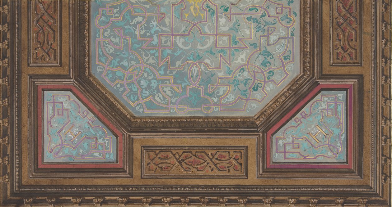 Suunnittelu kasettikaton maalattuun koristeluun monogrammilla: H, 1830-97. Tekijät: Jules-Edmond-Charles Lachaise, Eugène-Pierre Gourdet. tekijältä Jules Edmond Charles Lachaise and Eugène Pierre Gourdet