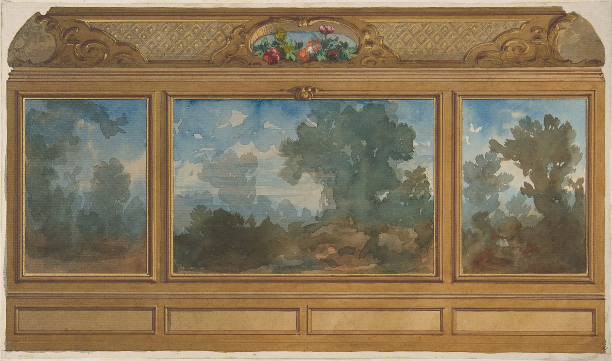 Maalattujen maisemien ja poukamien kohouma paneloidusta sisustuksesta, 1830-97. Tekijät: Jules-Edmond-Charles Lachaise, Eugène-Pierre Gourdet. tekijältä Jules Edmond Charles Lachaise and Eugène Pierre Gourdet