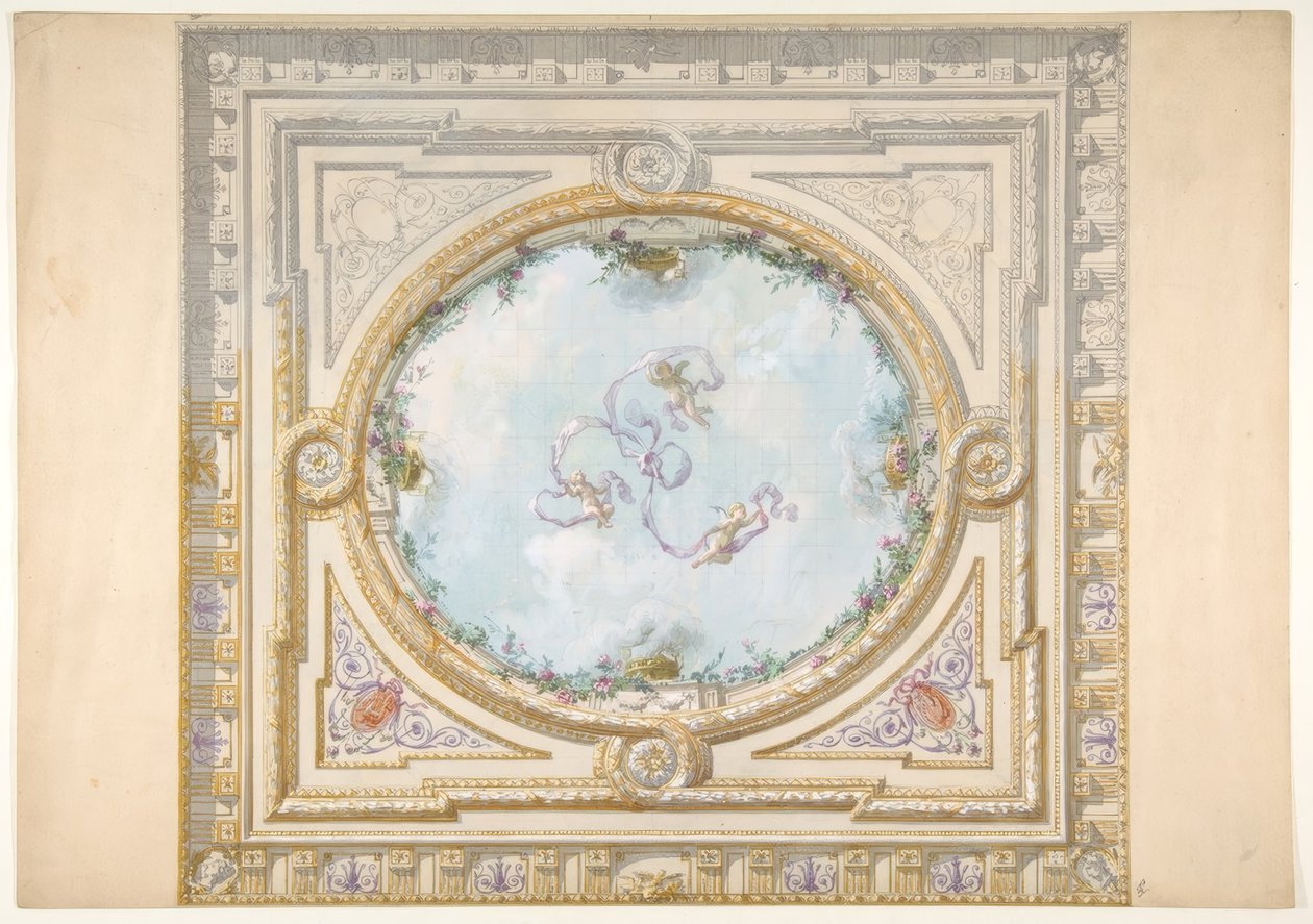 Suunnittelu rokokootyyliseen kattoon trompe loeil oculusilla tekijältä Jules Edmond Charles Lachaise