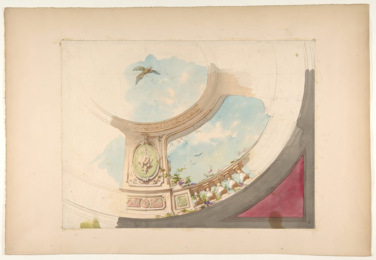 Suunnittelu kattoon, jossa on trompe loeil -kaiteet ja taivas tekijältä Jules Edmond Charles Lachaise