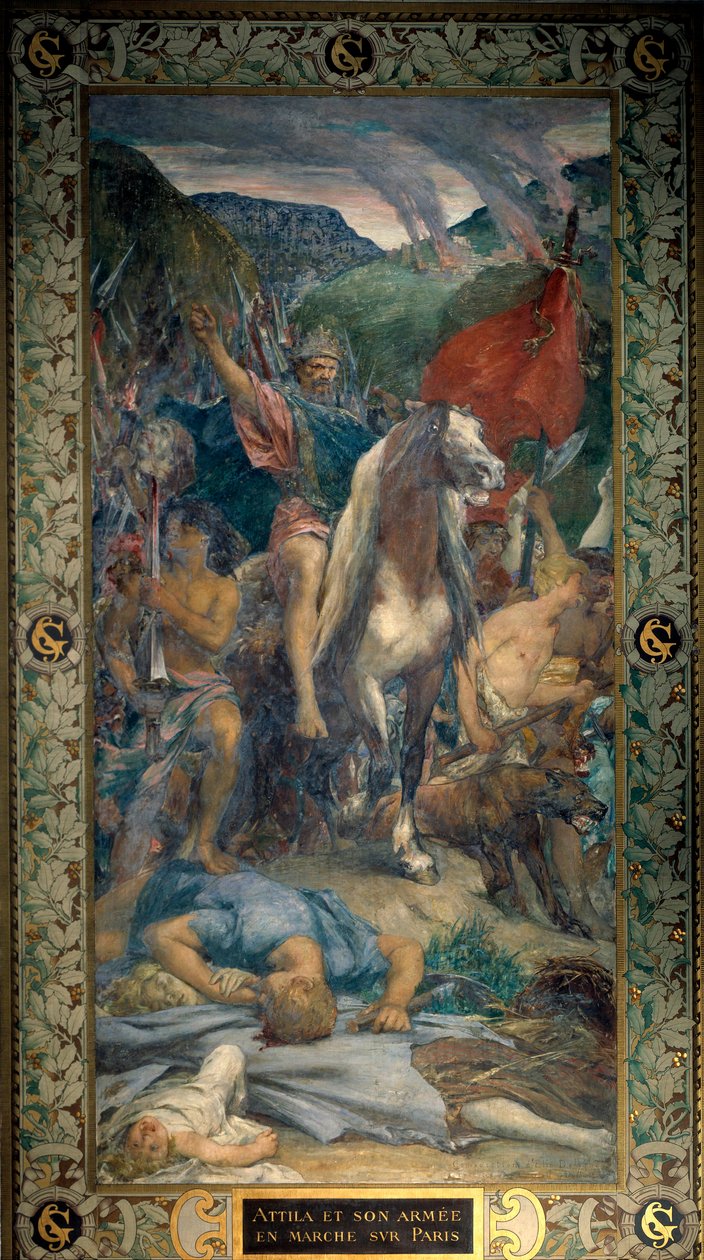 Attila (395-453) hunnien kuningas ja hänen barbaariarmeijansa kävelemässä Pariisissa vuonna 450 Jules Elie Delaunayn (1828-1891) 1800-luvun fresko. Pariisi, Pantheon tekijältä Jules Elie Delaunay