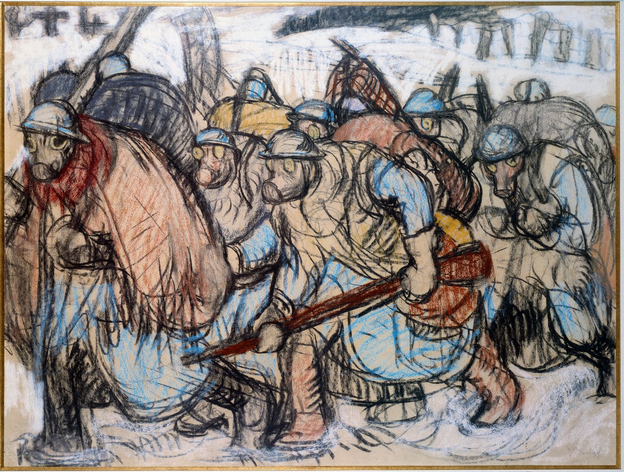 Ensimmäinen maailmansota: "" Sotilaat, joilla on kaasunaamari"". Zingg, Jules Emile (1882-1942) tekijältä Jules Emile Zingg
