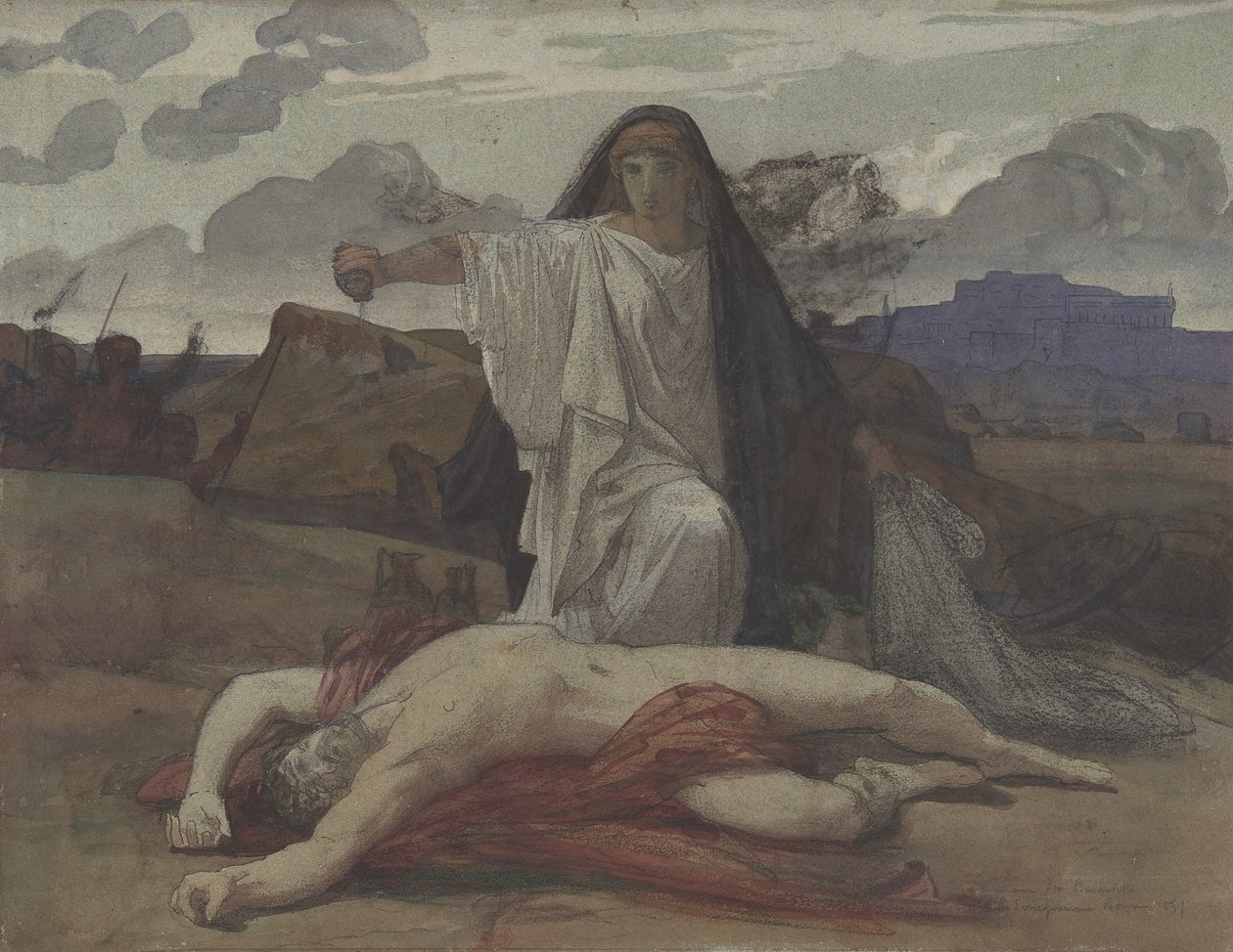 Antigone hautaa tunnusmerkit veljensä Polynicesin ruumiille, 1835-1898. tekijältä Jules Eugene Lenepveu