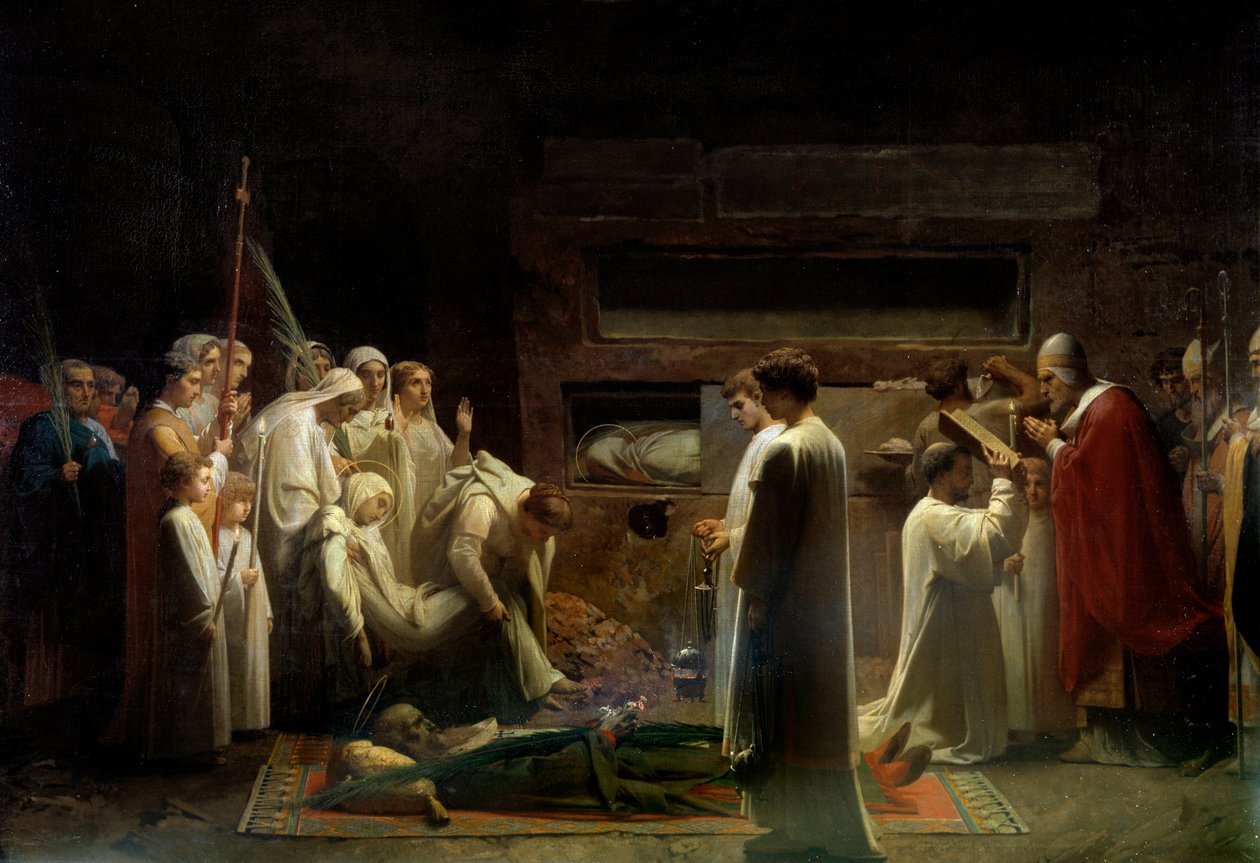 Marttyyrit katakombeissa Kristillinen uskonnollinen konventti ensimmäisten kristittyjen hautajaisissa Roomassa. Jules Lenepveun (1819-1898) maalaus 1855 Su. 1,7x3,36 m Pariisi, museo d