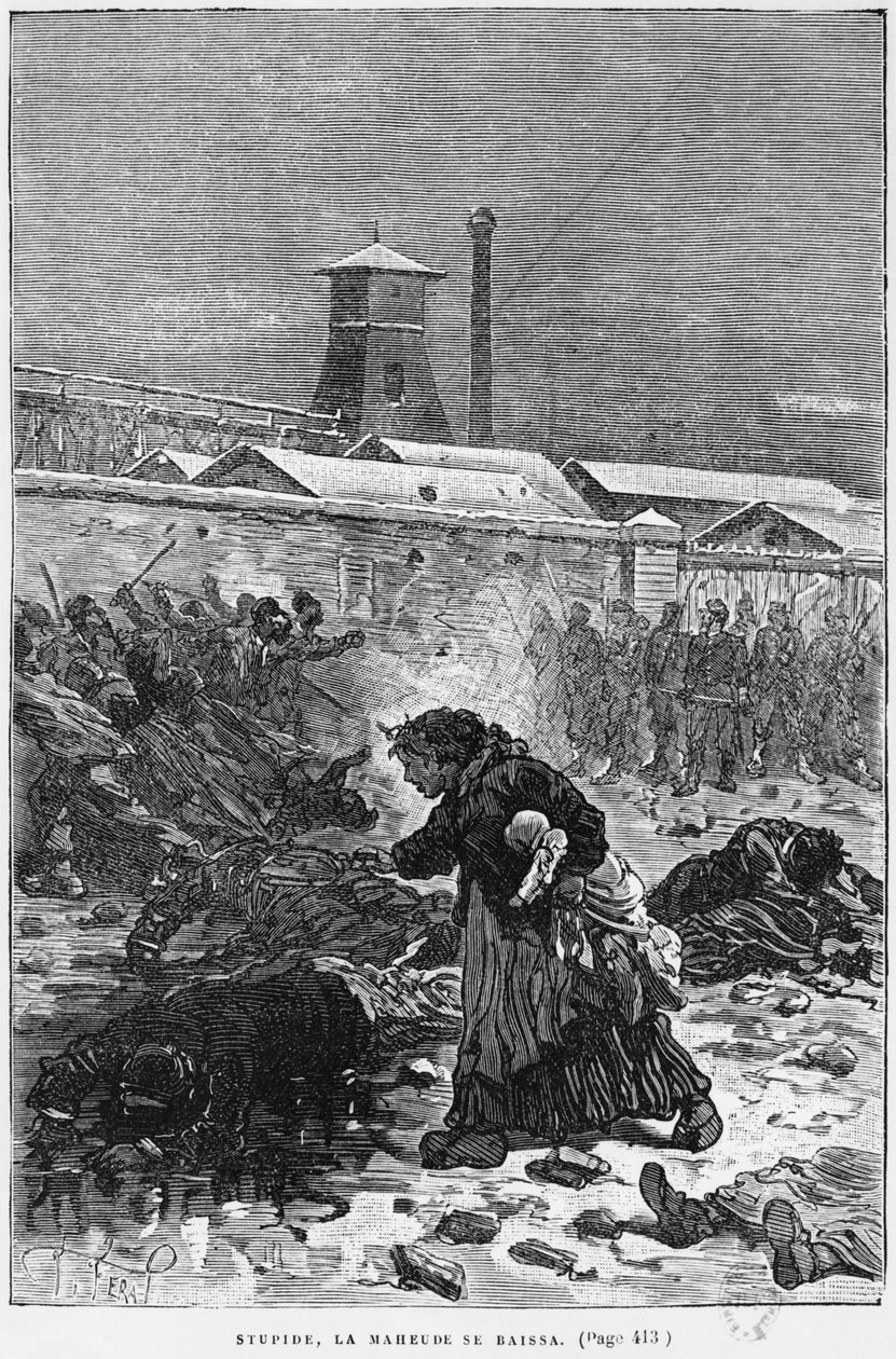 "Stupide, La Maheude se baissa", kuvitus Emile Zolan (1840-1902) teoksesta "Germinal", kaiverrus Desire Dumont (1800-luku), 1886 painos tekijältä Jules Ferat